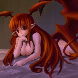 Rule 34 | 1girl, bare shoulders, breasts, cleavage, demon girl, female focus, gradient background, large breasts, long hair, looking at viewer, lord of vermilion, lying, nail polish, open mouth, orange hair, pointy ears, red eyes, single wing, smile, solo, succubus (lord of vermilion), tail, umigarasu (magipro), wings