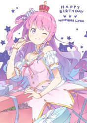 Rule 34 | 1girl, ;), blush, bracelet, breasts, candy hair ornament, crescent, crescent earrings, crown, detached sleeves, dress, earrings, food-themed hair ornament, gift, hair ornament, hair rings, hand up, highres, himemori luna, himemori luna (1st costume), hololive, jewelry, kanzaki hiro, long hair, looking at viewer, multicolored hair, one eye closed, open mouth, pink hair, purple eyes, smile, solo, virtual youtuber