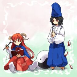 Rule 34 | 1boy, 1girl, barefoot, black hair, blue capelet, blue headwear, book, brown horns, capelet, closed mouth, commentary request, hakama, hakama pants, hakama skirt, hat, holding, holding book, holding wand, horns, japanese clothes, kaigen 1025, kimono, long hair, long sleeves, neck ribbon, own hands together, pants, reading, red eyes, red hair, red ribbon, red skirt, ribbon, ribbon-trimmed kimono, ribbon-trimmed sleeves, ribbon trim, shingyoku (female), shingyoku (male), shingyoku (touhou), shirt, short hair, sitting, skirt, sleeveless, sleeveless kimono, smile, socks, standing, tate eboshi, touhou, touhou (pc-98), wand, white shirt, white socks