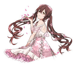 Rule 34 | 1girl, back, bare shoulders, bow, brown hair, dress, flower, frilled dress, frills, hair bow, hair flower, hair ornament, hand up, higawari (higawarikn), highres, idolmaster, idolmaster shiny colors, layered dress, long hair, looking at viewer, looking back, osaki tenka, petals, pink bow, pink dress, pink flower, simple background, solo, twintails, white background, yellow eyes