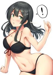 Rule 34 | !, 1girl, :o, alternate costume, bare arms, bare shoulders, bikini, black bikini, black hair, blush, breasts, collarbone, commentary request, cowboy shot, front-tie bikini top, front-tie top, green eyes, groin, hair ornament, hairclip, halterneck, highres, ichikawa feesu, kantai collection, large breasts, long hair, looking at viewer, navel, open mouth, oyashio (kancolle), simple background, sitting, skindentation, solo, stomach, suggestive fluid, swimsuit