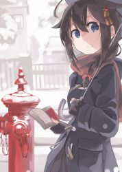 Rule 34 | 1girl, black coat, black gloves, black hair, black skirt, blue eyes, book, braid, coat, duffel coat, fire hydrant, gloves, hair ornament, hair over shoulder, holding, holding book, holding umbrella, kantai collection, looking at viewer, outdoors, partially fingerless gloves, pleated skirt, red scarf, scarf, shigure (kancolle), single braid, skirt, smile, solo, sugue tettou, umbrella