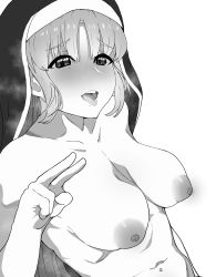 Rule 34 | 1girl, absurdres, blush, breasts, cleavage, collarbone, covered eyes, greyscale, habit, heavy breathing, highres, large breasts, long hair, monochrome, nijisanji, nipples, nude, nun, open mouth, rir0 updown, sagging breasts, simple background, sister claire, sister claire (1st costume), tongue, tongue out, upper body, v, virtual youtuber, white background