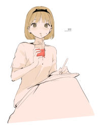 Rule 34 | !, !!, 1girl, absurdres, bad id, bad pixiv id, blonde hair, blush, bob cut, cup, drinking, drinking glass, drinking straw, green eyes, hairband, highres, holding, looking at viewer, medium hair, mole, mole under eye, mouth hold, original, oyabuli, shirt, short sleeves, simple background, sitting, solo, spill, white background, writing