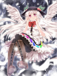 Rule 34 | 1girl, alternate color, alternate hair color, angel wings, aru gunsou, bad id, bad pixiv id, black pantyhose, blush, boots, cloud, cloudy sky, cross-laced footwear, food, fruit, full moon, g-tenko-r, hat, hinanawi tenshi, lace-up boots, long hair, looking at viewer, m.u.g.e.n, mixarumixa, moon, night, night sky, pantyhose, peach, red eyes, sky, solo, thighband pantyhose, touhou, white hair, wings
