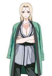 1girl blonde_hair breasts cleavage long_hair looking_at_viewer naruto_(series) orange_eyes shiren_(ourboy83) simple_background solo tsunade_(naruto) white_background