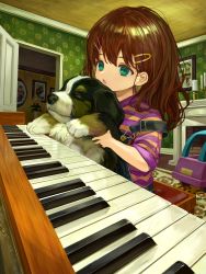 Rule 34 | 1girl, absurdres, animal, bernese mountain dog, brown hair, candle, candlestand, child, commentary request, dog, fireplace, flower, freckles, green eyes, hair ornament, hairclip, highres, holding, holding animal, indoors, instrument, long hair, original, overalls, parted lips, piano, picture frame, sero3eta, shirt, short sleeves, solo, striped clothes, striped shirt, vase, yellow flower