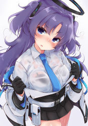 Rule 34 | 1girl, black bra, black gloves, black jacket, black skirt, blue archive, blue necktie, blush, bra, bra visible through clothes, breasts, commentary request, gloves, grey background, halo, hands up, head tilt, highres, jacket, long hair, long sleeves, medium breasts, necktie, nose blush, open clothes, open jacket, parted bangs, parted lips, pleated skirt, purple eyes, purple hair, see-through, shirt, simple background, skirt, solar milk, solo, two side up, underwear, v-shaped eyebrows, very long hair, wet, wet clothes, wet shirt, white shirt, yuuka (blue archive)
