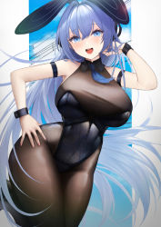Rule 34 | 1girl, :d, animal ears, armband, azur lane, bare shoulders, black leotard, blue eyes, blue hair, blue necktie, bodystocking, breasts, cleavage, collar, fake animal ears, hand on own hip, head rest, highres, large breasts, legs together, leotard, mari (doraerin0), necktie, new jersey (azur lane), new jersey (exhilarating steps!) (azur lane), official alternate costume, open mouth, pantyhose, playboy bunny, rabbit ears, see-through, see-through cleavage, smile, solo, thick thighs, thighs, wristband