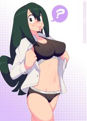 Rule 34 | 1girl, ?, absurdres, artist name, asui tsuyu, bad id, bad pixiv id, blouse, bluebreed, boku no hero academia, breasts, cleavage, commission, covered erect nipples, green hair, hair between eyes, hair rings, highres, inactive account, long hair, looking at viewer, medium breasts, midriff, navel, open clothes, open shirt, panties, product placement, shirt, solo, sports bra, tongue, tongue out, unbuttoned, underwear, very long hair, white background, white shirt