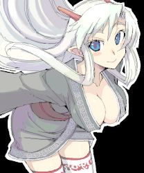 Rule 34 | 1girl, black background, blue eyes, blush, breasts, cleavage, elf, horns, japanese clothes, kimono, kusanagi tonbo, large breasts, long hair, oekaki, original, outline, pointy ears, simple background, solo, thighhighs, white hair, white outline