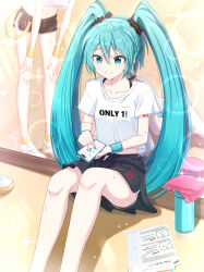 Rule 34 | 2girls, absurdres, aqua eyes, aqua hair, aqua nails, black shorts, blue wristband, cellphone, hair ornament, hair scrunchie, hands on own knees, hatsune miku, highres, holding, holding phone, indoors, itogari, kagamine rin, looking at object, mirror, multiple girls, navel, number tattoo, phone, print shirt, reflection, scrunchie, shirt, shorts, sitting, smartphone, smile, solo focus, tattoo, twintails, vocaloid, white footwear, white shirt, yellow wristband