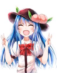 Rule 34 | 1girl, ^ ^, bad id, bad pixiv id, blue hair, bow, closed eyes, double v, female focus, food, fruit, hat, hinanawi tenshi, leaf, open mouth, peach, plant, puffy sleeves, re-ka, short sleeves, smile, solo, touhou, upper body, v, white background