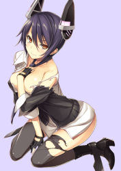 Rule 34 | 10s, 1girl, breasts, brown eyes, covering privates, covering breasts, hand on own chest, headgear, kantai collection, kikuchi seiji, large breasts, looking at viewer, no eyepatch, personification, purple hair, short hair, solo, tears, tenryuu (kancolle), thighhighs, torn clothes