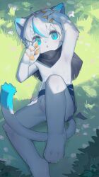 Rule 34 | 1boy, ahoge, animal hands, barefoot, between legs, black scarf, blue eyes, blue hair, cat boy, cat paws, claws, commentary, commentary request, day, furry, furry male, grass, highres, looking at viewer, lying, male focus, multicolored hair, on back, open mouth, original, outdoors, scarf, tail, tail between legs, two-tone hair, white fur, white hair, zhutangyuan