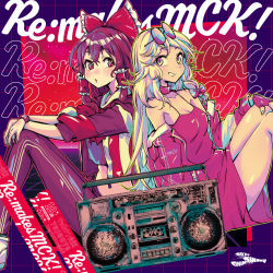 Rule 34 | 2girls, album cover, armpit peek, back-to-back, bare shoulders, blonde hair, boombox, bow, braid, breasts, brown hair, choker, circle name, cleavage, commentary request, contemporary, cover, crop top, dress, english text, eyewear on head, fingerless gloves, gell, gloves, grid background, hair between eyes, hair bow, hair tubes, hakurei reimu, hand on own knee, jacket, kirisame marisa, lobster, long hair, looking at another, medium breasts, medium hair, midriff, multiple girls, pants, red eyes, red theme, removing jacket, shoes, short sleeves, single braid, sitting, sneakers, touhou, track pants, white footwear, wristband