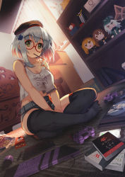Rule 34 | 1girl, alternate hair length, alternate hairstyle, bed, belt, beret, between legs, black thighhighs, blunt bangs, blush, breasts, casual, cellphone, character doll, character name, chips (food), cleavage, clothes writing, collarbone, crop top, curtains, desk, facial mark, food, g11 (girls&#039; frontline), game console, girls&#039; frontline, glasses, goliath (girls&#039; frontline), green eyes, hair ornament, hand between legs, hat, highres, hk416 (girls&#039; frontline), indoors, keyboard, looking at viewer, medium breasts, midriff, mouth hold, on floor, persocon93, phone, playstation 4, playstation controller, pocky, red-framed eyewear, round eyewear, short hair, short shorts, shorts, silver hair, sleeveless, smartphone, solo, teardrop, thighhighs, ump45 (girls&#039; frontline), ump9 (girls&#039; frontline), wind, window