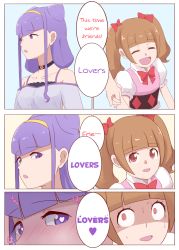 Rule 34 | 2girls, aisaki emiru, blunt bangs, bow, brown hair, choker, comic, commentary request, hair bow, hairband, hand grab, hard-translated, heart, heart-shaped pupils, highres, hugtto! precure, long hair, multiple girls, open mouth, precure, puffy sleeves, purple eyes, purple hair, red eyes, ruru amour, scared, symbol-shaped pupils, third-party edit, translated, twintails, unpale, you gonna get raped, yuri