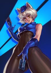 Rule 34 | absurdres, animal ears, black bodysuit, blue gloves, blue headwear, bodysuit, card, cat ears, crop top, cropped jacket, elizabeth (persona), from below, gloves, hatidraw, highres, holding, holding card, persona, persona 3, skin tight, smile, white hair, yellow eyes