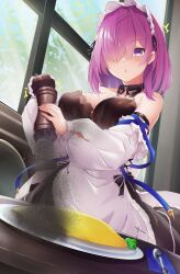 Rule 34 | 1girl, ^^^, absurdres, azur lane, bare shoulders, braid, breasts, commentary request, detached sleeves, dress, food, hair over one eye, highres, indoors, leer.meer, maid, maid headdress, medium breasts, medium hair, official alternate costume, omelet, penelope (azur lane), penelope (salty maid) (azur lane), pepper (spice), pepper mill, purple eyes, purple hair, solo, spoon, surprised, upper body, window