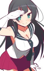 Rule 34 | 10s, 1girl, 9law, agano (kancolle), bad id, bad pixiv id, black hair, blush, breasts, cleavage, gloves, green eyes, highres, kantai collection, large breasts, long hair, looking at viewer, miniskirt, simple background, skirt, smile, solo, very long hair, white background