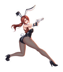 Rule 34 | 1girl, aiming, animal ears, ass, black footwear, black gloves, black hairband, black leotard, breasts, brown eyes, brown hair, brown pantyhose, cigarette, commentary, commission, copyright request, english commentary, fake animal ears, finger on trigger, fingerless gloves, full body, gloves, gun, hairband, handgun, highres, holding, holding gun, holding weapon, holster, large breasts, leotard, looking at viewer, mouth hold, pantyhose, pistol, ponytail, rabbit ears, rabbit tail, shoes, shoulder tattoo, simple background, siun, solo, strapless, strapless leotard, tail, tattoo, weapon, white background