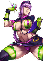 Rule 34 | 1girl, absurdres, arm strap, between fingers, bikini, boots, braid, breasts, clenched teeth, clipboard, covered erect nipples, cowboy shot, cuffs, elbow gloves, fate/grand order, fate (series), florence nightingale (fate), florence nightingale (trick or treatment) (fate), gloves, gluteal fold, green bikini, green gloves, green thighhighs, hat, highres, hip focus, holding, holding clipboard, holding syringe, large breasts, lipstick, looking down, makeup, miniskirt, nurse cap, official alternate costume, purple bikini, purple footwear, purple hair, purple lips, purple skirt, red eyes, revealing clothes, reverse grip, rubber gloves, ryuusei (mark ii), shrug (clothing), side slit, sidelocks, sideways glance, simple background, single braid, skirt, solo, spread legs, string bikini, swimsuit, syringe, teeth, thick thighs, thigh boots, thighhighs, thighs, white background, wide hips, wrist straps