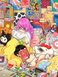 Rule 34 | 1boy, 1girl, bad id, bad twitter id, black eyes, black hair, blanket, book, bracelet, cellphone, character request, cigarette, copyright request, covered face, food, glasses, headphones, hello kitty, highres, indoors, jewelry, long hair, lying, nintendo switch, on back, open book, original, pants, phone, pillow, pink hair, pocky, poster (object), reading, red-framed eyewear, ring 411, sanrio, shirt, short hair, short sleeves, smartphone, smoking, tagme, tattoo, topless male, white shirt, yellow pants