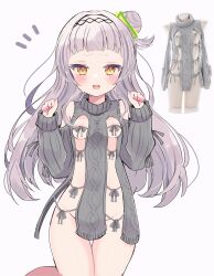 Rule 34 | 1girl, absurdres, alternate costume, blunt bangs, blush, bottomless, breasts, cable knit, clothing cutout, commentary, front slit, grey hair, grey sweater, groin, hair bun, hands up, highres, hololive, long hair, long sleeves, looking at viewer, meme attire, murasaki shion, naked sweater, open mouth, pochiwan1108, reference inset, shoulder cutout, simple background, single side bun, small breasts, solo, sweater, thigh gap, thighs, turtleneck, turtleneck sweater, virtual youtuber, white background, yellow eyes