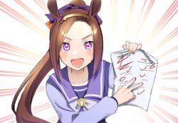 Rule 34 | 1girl, animal ears, blush, bow, brown hair, commentary request, emphasis lines, hair bow, hairband, holding, holding paper, horse ears, long hair, long sleeves, michia (bourgognepony), open mouth, paper, ponytail, purple bow, purple eyes, purple shirt, sailor collar, sakura bakushin o (umamusume), school uniform, shirt, solo, academic test, test score, tracen school uniform, umamusume, upper body, v-shaped eyebrows