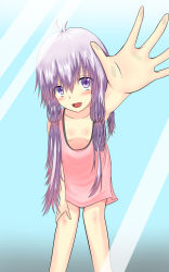 Rule 34 | 1girl, accidental exposure, blush, breasts, chibi yawawa, cleavage, downblouse, extended downblouse, eyes visible through hair, feet out of frame, hand on leg, hand on own knee, highres, leaning forward, long hair, looking at viewer, matching hair/eyes, no bra, open mouth, purple eyes, purple hair, small breasts, solo, standing, twintails, voiceroid, yuzuki yukari