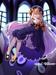 Rule 34 | 1girl, abigail williams (fate), absurdres, black bow, black dress, black footwear, black hat, blonde hair, bloomers, bow, breasts, character name, dress, fate/grand order, fate (series), forehead, glowing, glowing eye, hair bow, hat, highres, keyhole, long hair, multiple hair bows, orange bow, parted bangs, popo ot, red eyes, ribbed dress, sleeves past fingers, sleeves past wrists, small breasts, solo, tentacles, third eye, underwear, white bloomers, window
