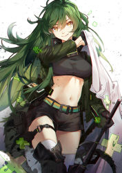 Rule 34 | 1girl, arknights, belt, bkko, black thighhighs, boots, breasts, eyelashes, fangs, fangs out, gavial (arknights), gavial (combat medic) (arknights), green hair, hair between eyes, highres, long hair, looking at viewer, medium breasts, midriff, navel, official alternate costume, pointy ears, sharp teeth, shorts, slit pupils, smile, solo, standing, tail, teeth, thigh boots, thigh strap, thighhighs, thighhighs under boots, very long hair, white thighhighs, yellow eyes
