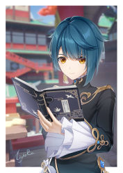 Rule 34 | 1boy, absurdres, artist name, black shirt, blue hair, blue sky, book, commentary request, day, genshin impact, highres, holding, holding book, lightria, long sleeves, male focus, shirt, short hair, signature, sky, smile, solo, upper body, xingqiu (genshin impact), yellow eyes