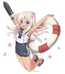 Rule 34 | 10s, 1girl, armpits, arms up, blue eyes, blush, crocs, crop top, flower, hair flower, hair ornament, kantai collection, kurot, lifebuoy, long hair, looking at viewer, one-piece swimsuit, one-piece tan, open mouth, ro-500 (kancolle), sailor collar, school swimsuit, solo, swim ring, swimsuit, swimsuit under clothes, tan, tanline, torpedo