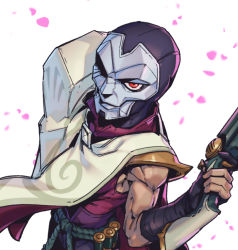 Rule 34 | 1boy, bullet, gloves, gun, holding, holding gun, holding weapon, jhin, league of legends, looking at viewer, male focus, mask, muscular, muscular male, phantom ix row, red eyes, simple background, solo, weapon, white background