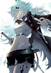 Rule 34 | 1girl, :d, absurdres, animal ear fluff, animal ears, arknights, belt, black coat, black nails, black shorts, breasts, coat, dual wielding, fingerless gloves, from below, gloves, glowing, glowing eyes, highres, holding, holding sword, holding weapon, lappland (arknights), long hair, long sleeves, looking at viewer, looking down, material growth, medium breasts, messy hair, nail polish, navel, oil-paper umbrella, open clothes, open coat, open mouth, oripathy lesion (arknights), short shorts, shorts, silver hair, simple background, smile, solo, stomach, strapless, sword, tube top, umbrella, very long hair, weapon, white background, white gloves, wolf ears, yellow eyes, yuu (yuu yu)