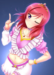Rule 34 | 10s, 1girl, bracelet, collarbone, hand on own hip, highres, jewelry, looking at viewer, love live!, love live! school idol project, midriff, music s.t.a.r.t!!, navel, necklace, nishikino maki, one eye closed, pointing, pointing up, purple eyes, red hair, short hair, smile, solo, tiara, yu-ta
