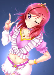 10s 1girl bracelet collarbone female_focus hand_on_own_hip highres jewelry looking_at_viewer love_live! love_live!_school_idol_project midriff music_s.t.a.r.t!! navel necklace nishikino_maki one_eye_closed pointing pointing_up purple_eyes red_hair short_hair smile solo tiara yu-ta