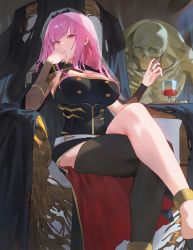 Rule 34 | 1girl, black nails, black thighhighs, breasts, cleavage, closed mouth, crossed legs, fingernails, highres, hololive, hololive english, hood (james x), large breasts, long hair, mori calliope, mori calliope (1st costume), nail polish, pink eyes, pink hair, sitting, skeleton, skull, thighhighs, virtual youtuber