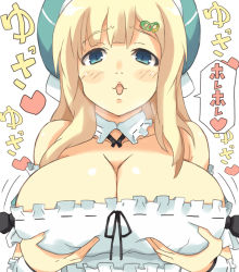 Rule 34 | 10s, 1girl, bare shoulders, blonde hair, blue eyes, blush, grabbing another&#039;s breast, breasts, cleavage, female focus, grabbing, hat, huge breasts, long hair, looking at viewer, open mouth, senran kagura, solo, upper body, white background, yomi (senran kagura)