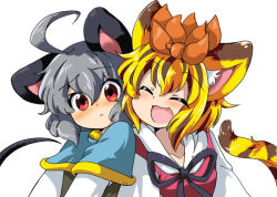 Rule 34 | 2girls, :&lt;, :3, ahoge, animal ears, blonde hair, brown hair, capelet, closed eyes, eromame, fang, grey hair, kemonomimi mode, mouse (animal), mouse ears, mouse tail, multicolored hair, multiple girls, nazrin, open mouth, pixiv thumbnail, red eyes, resized, short hair, simple background, smile, tail, tiger ears, tiger tail, toramaru shou, touhou, two-tone hair, upper body