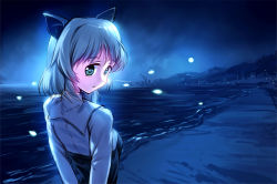 Rule 34 | 1girl, animal ears, backlighting, beach, bug, cat ears, fireflies, firefly, from behind, green eyes, hino katsuhiko, insect, light particles, looking back, military, military uniform, moon, mountain, night, ocean, sanya v. litvyak, shore, short hair, silver hair, solo, strike witches, uniform, water, world witches series