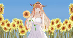 Rule 34 | 1girl, absurdres, ahoge, alternate costume, altruwishm, black bow, black hairband, blonde hair, blue sky, blunt bangs, bow, bowtie, braid, breasts, day, diagonal-striped bow, dragon girl, dragon horns, dress, facing viewer, field, flower, flower field, hairband, highres, holding, holding flower, hololive, horn bow, horn ornament, horns, kiryu coco, long hair, multicolored bow, multicolored hair, orange hair, outdoors, pointy ears, single braid, sky, smile, solo, streaked hair, striped, sunflower, sunflower field, virtual youtuber, white bow, white dress