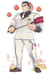 Rule 34 | 1boy, aizen (housamo), armband, bara, black hair, facial mark, flower, forehead mark, full body, halo, halo behind head, kijimahyogo, looking at viewer, male focus, necktie, official art, open mouth, pants, pectorals, red eyes, shoes, solo, tokyo houkago summoners, transparent background