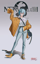 Rule 34 | 1girl, absurdres, alenx kevin, ayanami rei, blue hair, casual, closed mouth, coat, english text, full body, grey background, grey pants, hair between eyes, highres, looking at viewer, neon genesis evangelion, open clothes, open coat, pants, red eyes, shirt, shoes, short hair, sleeves past fingers, sleeves past wrists, smile, sneakers, solo, standing, striped, striped coat, vertical-striped coat, white shirt, yellow footwear