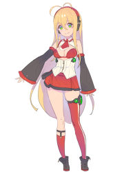 Rule 34 | 1girl, antenna hair, arms at sides, asymmetrical legwear, bare shoulders, black footwear, boots, breasts, cleavage cutout, closed mouth, clothing cutout, collared shirt, contrapposto, detached sleeves, enkyo yuuichirou, full body, green eyes, headphones, long hair, looking at viewer, medium breasts, necktie, red necktie, red skirt, red socks, shirt, simple background, single sock, single thighhigh, skirt, smile, socks, solo, thighhighs, tsurumaki maki, uneven legwear, very long hair, vocaloid, white background, wing collar