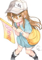 Rule 34 | 10s, 1girl, absurdres, bag, black footwear, blue shirt, boots, brown eyes, brown hair, brown shorts, commentary request, flag, hat, hataraku saibou, highres, holding, long hair, looking at viewer, mouth hold, omochi (okowa 913), platelet (hataraku saibou), shirt, shorts, simple background, solo, whistle, white background