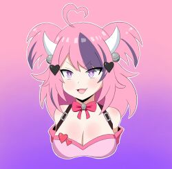 Rule 34 | 1girl, 2022, ahoge, blush, breasts, cleavage, demon girl, demon horns, highres, horns, iamghostskull, ironmouse, ironmouse (1st costume), medium breasts, multicolored background, open mouth, outline, pink hair, purple eyes, solo, twintails, virtual youtuber, vshojo, white outline