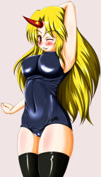 Rule 34 | 1girl, arm up, armpits, bad anatomy, bad id, bad pixiv id, blonde hair, blush, breasts, cameltoe, covered erect nipples, covered navel, female focus, highres, horns, hoshiguma yuugi, large breasts, long hair, one-piece swimsuit, one eye closed, poorly drawn, school swimsuit, shiny clothes, single horn, skindentation, smile, solo, swimsuit, tera hiroshi, thighhighs, touhou, wink